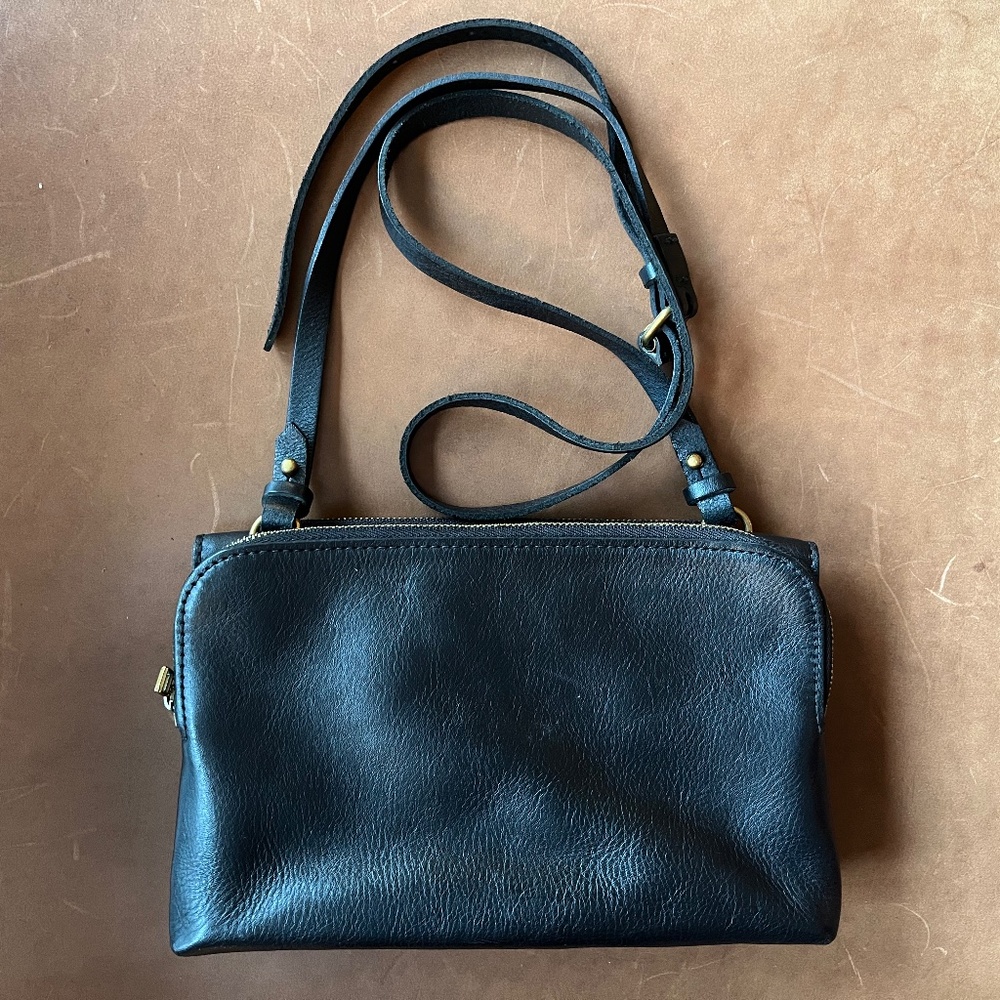 Madewell Twin Pouch Black Leather Double Zip Mirror Crossbody Bag